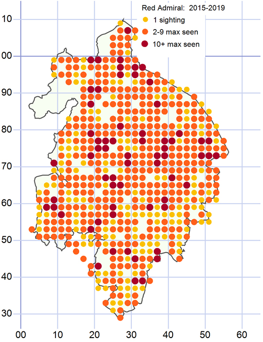 Distribution of the Red Admiral 2015-2019 inclusive